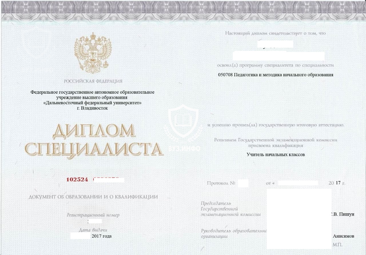 Диплом специалиста ДВФУ по специальности Педагогика и методика начального образования (2017 г.)